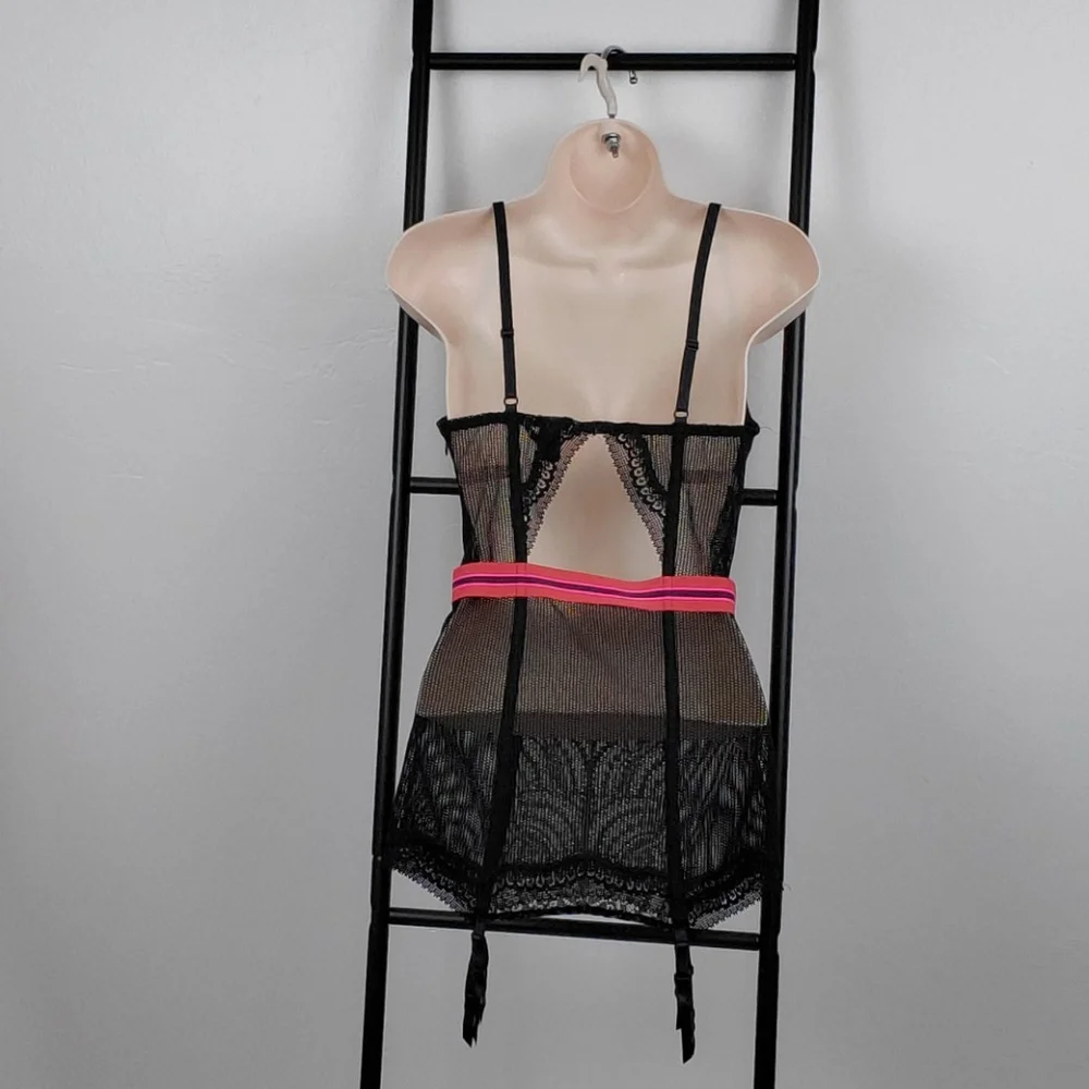 Victoria Secret Red Black Lace Corset Suspender 34D Sexy Lingerie